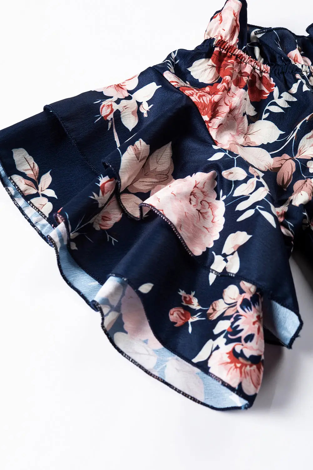Blue ruffle off shoulder flounce sleeve floral blouse - tops