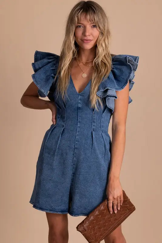 Blue ruffle pleated denim romper with pockets - jumpsuits & rompers