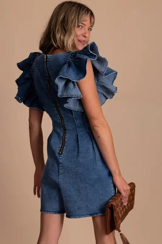 Blue ruffle pleated denim romper with pockets - jumpsuits & rompers