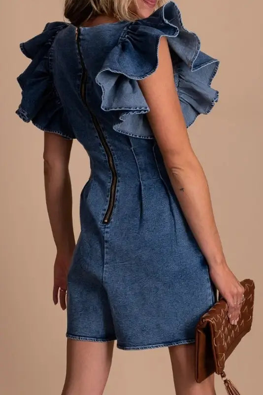 Blue ruffle pleated denim romper with pockets - jumpsuits & rompers