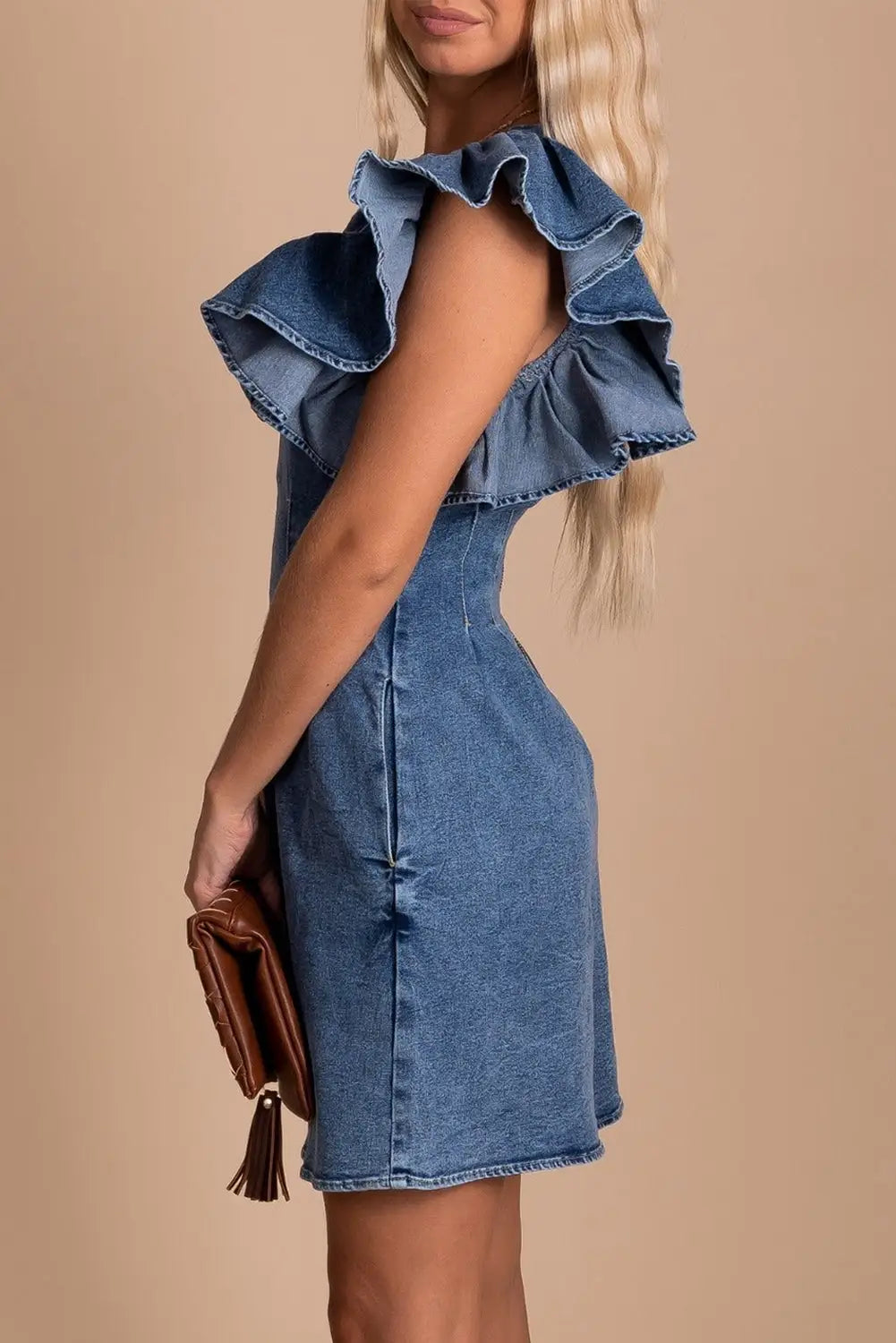 Blue ruffle pleated denim romper with pockets - jumpsuits & rompers
