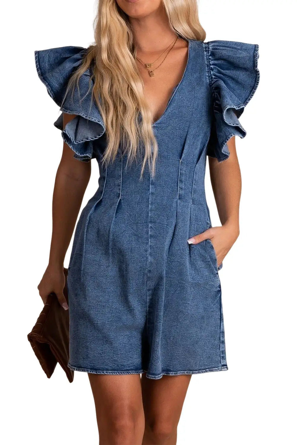 Blue ruffle pleated denim romper with pockets - jumpsuits & rompers