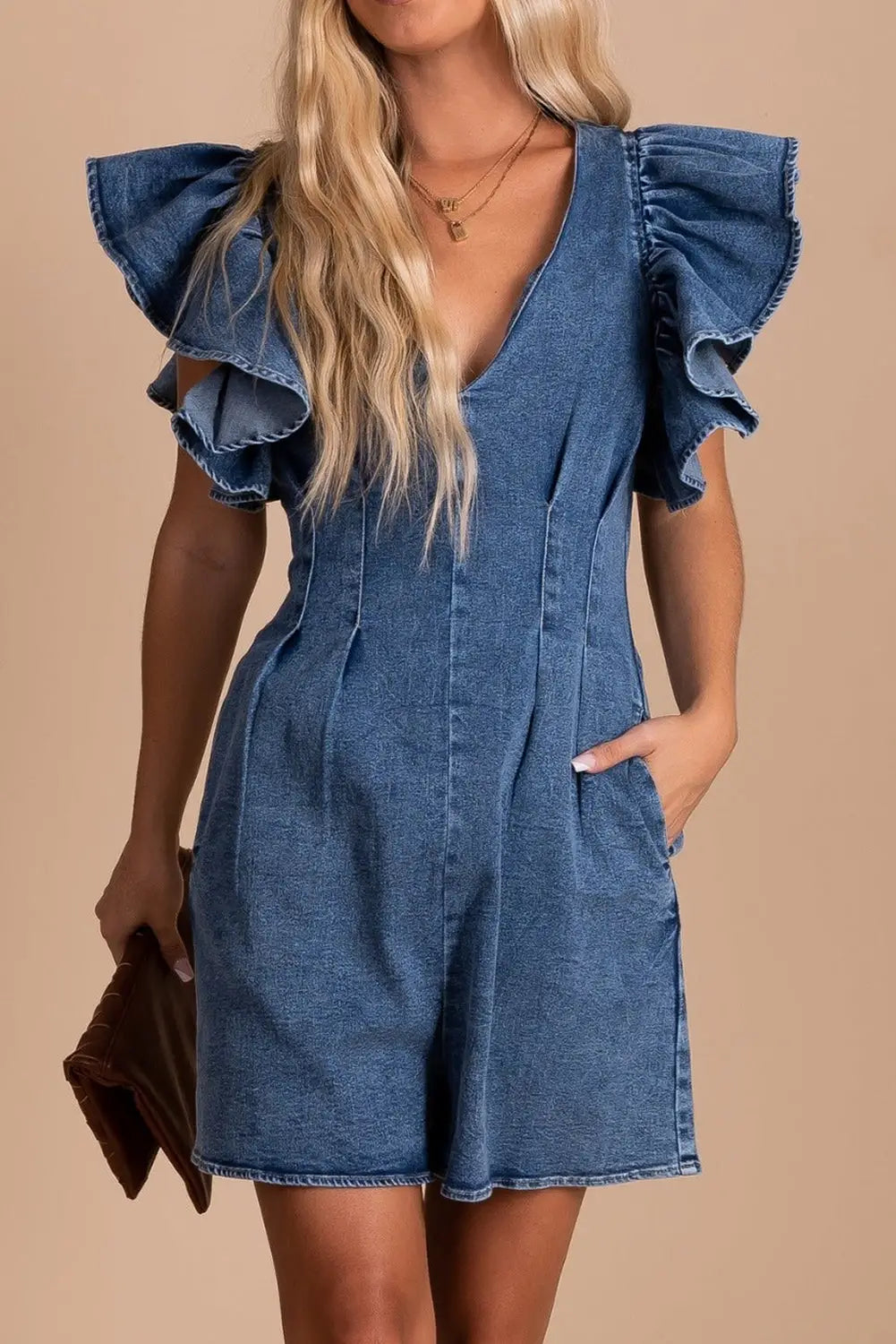 Blue ruffle pleated denim romper with pockets - s / 87% cotton + 6% polyester + 7% viscose - jumpsuits & rompers