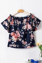 Blue Ruffle Off Shoulder Flounce Sleeve Floral Blouse - Fashionfitz