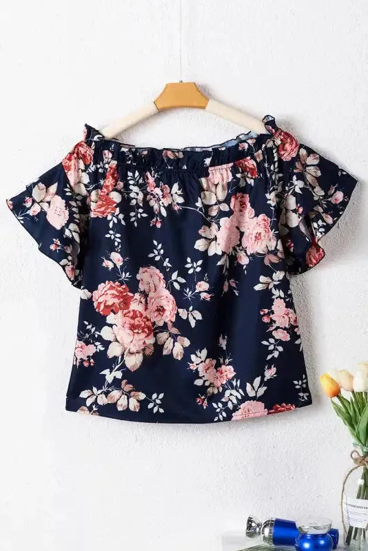 Blue Ruffle Off Shoulder Flounce Sleeve Floral Blouse - Fashionfitz