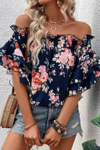 Blue Ruffle Off Shoulder Flounce Sleeve Floral Blouse - Fashionfitz