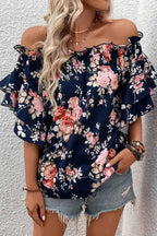 Blue Ruffle Off Shoulder Flounce Sleeve Floral Blouse - Fashionfitz