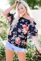 Blue Ruffle Off Shoulder Flounce Sleeve Floral Blouse - Fashionfitz