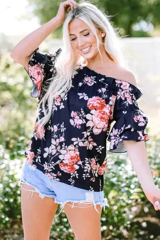 Blue Ruffle Off Shoulder Flounce Sleeve Floral Blouse - Fashionfitz