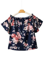 Blue Ruffle Off Shoulder Flounce Sleeve Floral Blouse - Fashionfitz