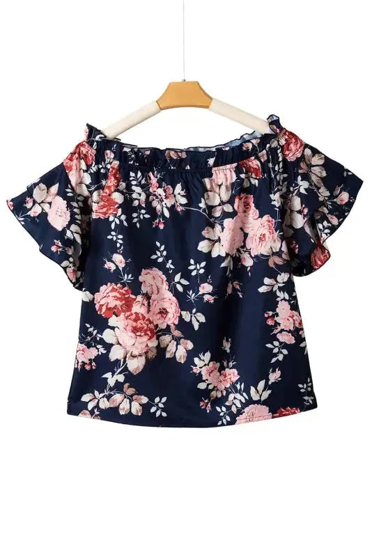 Blue Ruffle Off Shoulder Flounce Sleeve Floral Blouse - Fashionfitz