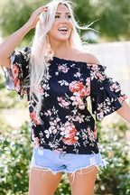 Blue Ruffle Off Shoulder Flounce Sleeve Floral Blouse - Fashionfitz