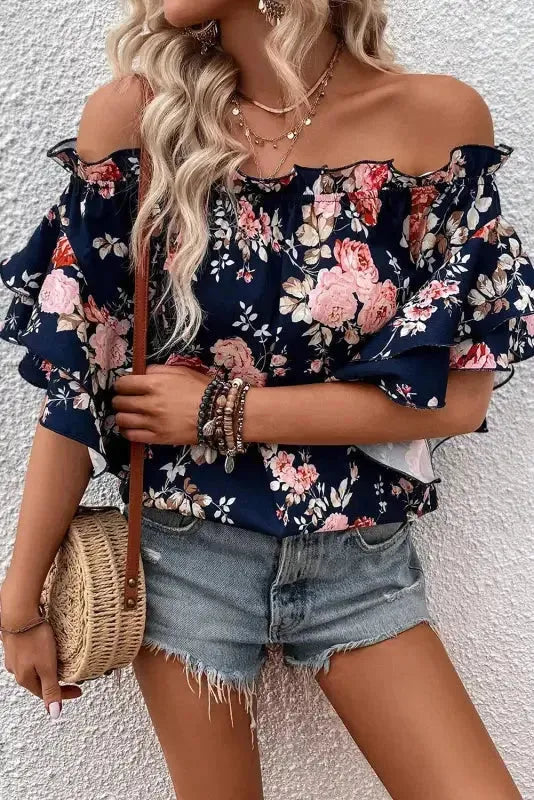 Blue Ruffle Off Shoulder Flounce Sleeve Floral Blouse - Fashionfitz