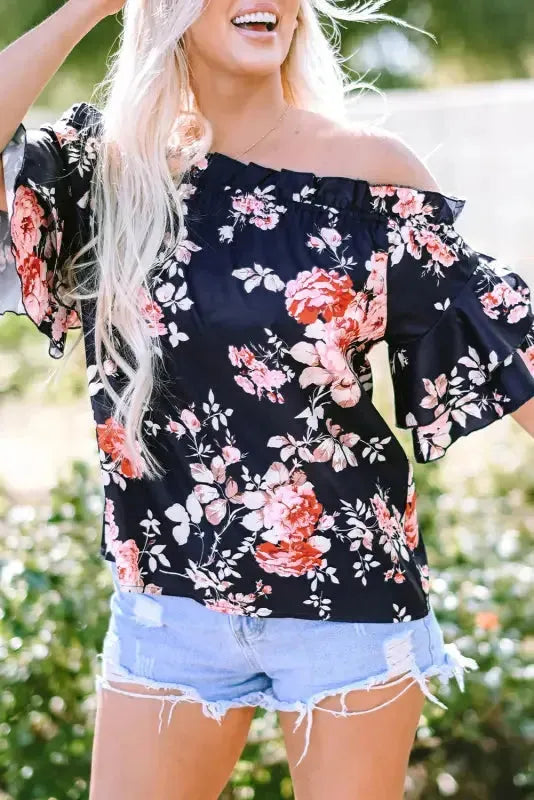 Blue Ruffle Off Shoulder Flounce Sleeve Floral Blouse - Fashionfitz
