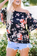 Blue Ruffle Off Shoulder Flounce Sleeve Floral Blouse - Fashionfitz