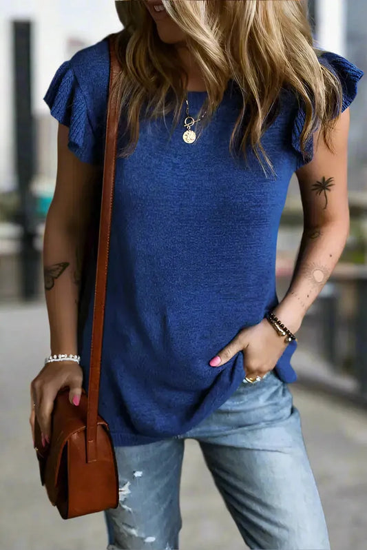 Blue Ruffle Sleeve Knitted Sweater Top - Fashionfitz