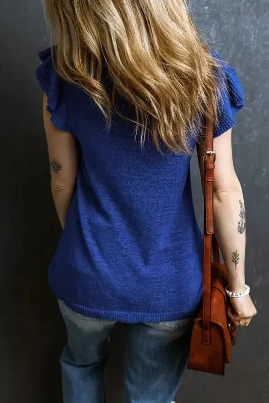 Blue Ruffle Sleeve Knitted Sweater Top - Fashionfitz