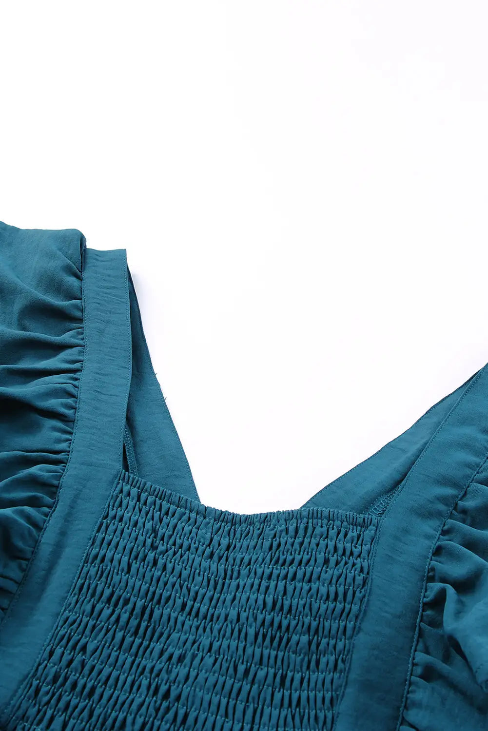 Blue ruffle trim v neck smocking back mini dress - dresses