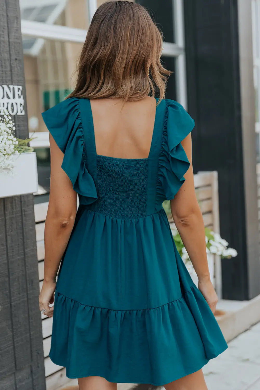 Blue ruffle trim v neck smocking back mini dress - dresses