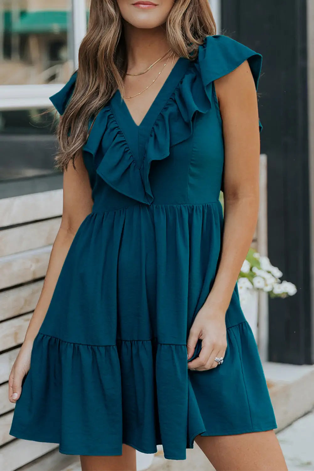 Blue ruffle trim v neck smocking back mini dress - s / 100% polyester - dresses