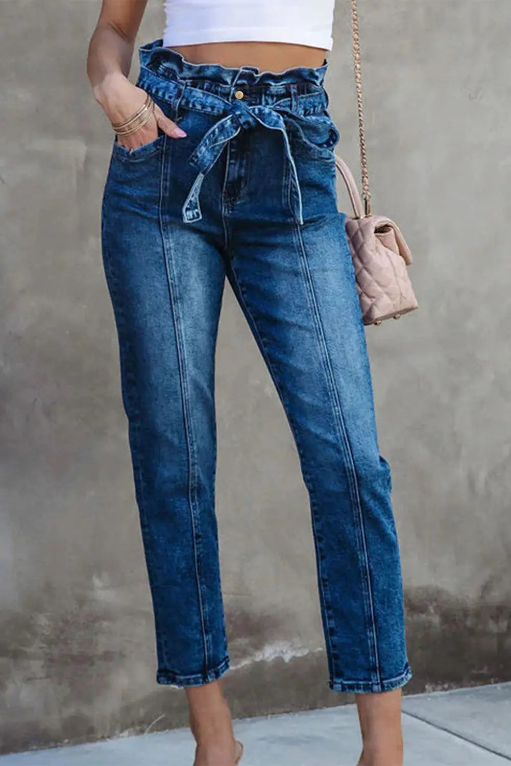 Blue seamed stitching high waist knot skinny jeans - 6 / 71% cotton + 27.5% polyester + 1.5% elastane