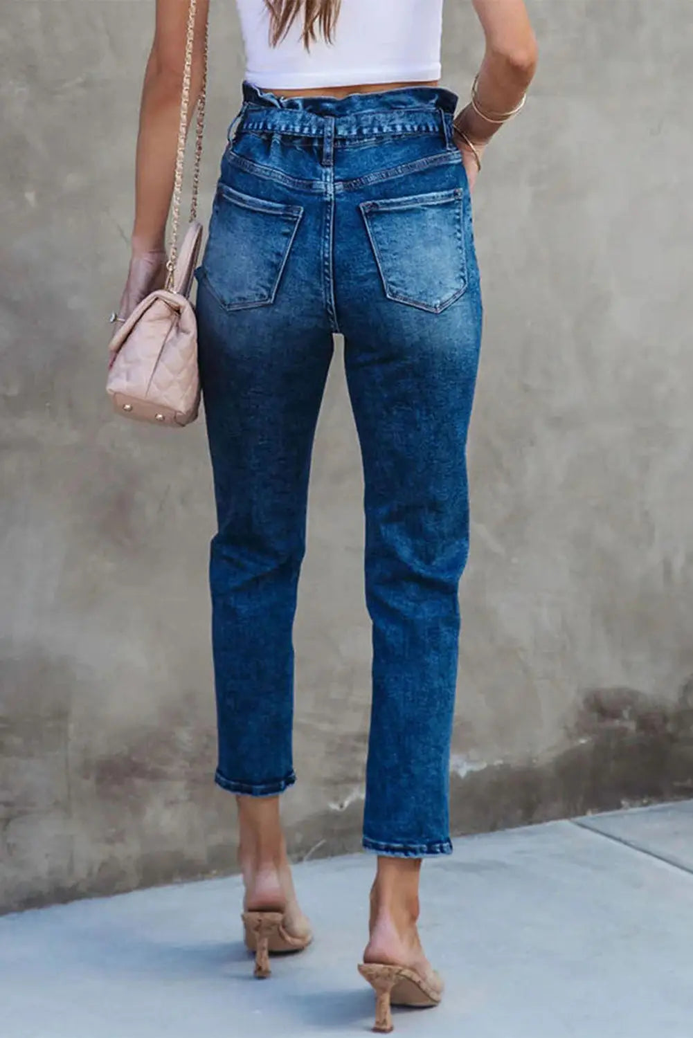 Blue seamed stitching high waist knot skinny jeans