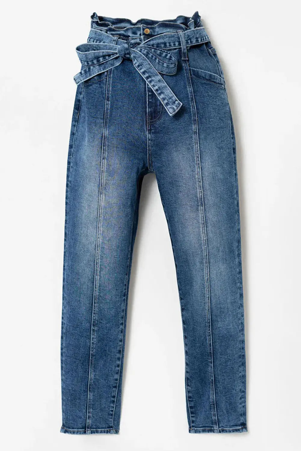 Blue seamed stitching high waist knot skinny jeans