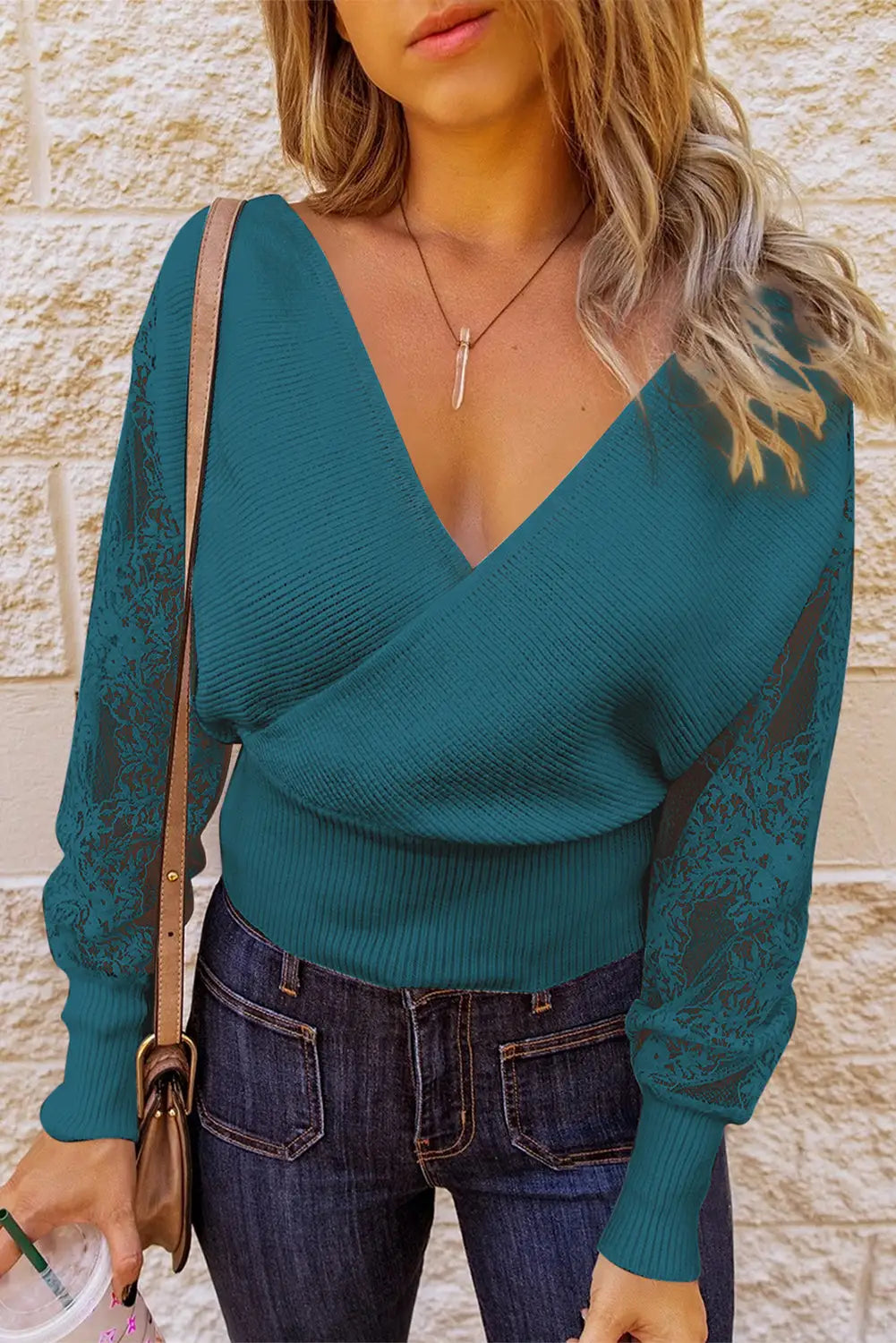 Blue sexy v neck surplice hollow-out sweater with lace sleeves - sweaters & cardigans