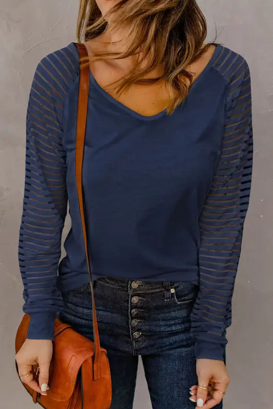 Blue sheer stripe v-neck top - tops