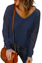 Blue Sheer Stripe V-Neck Top - Fashionfitz