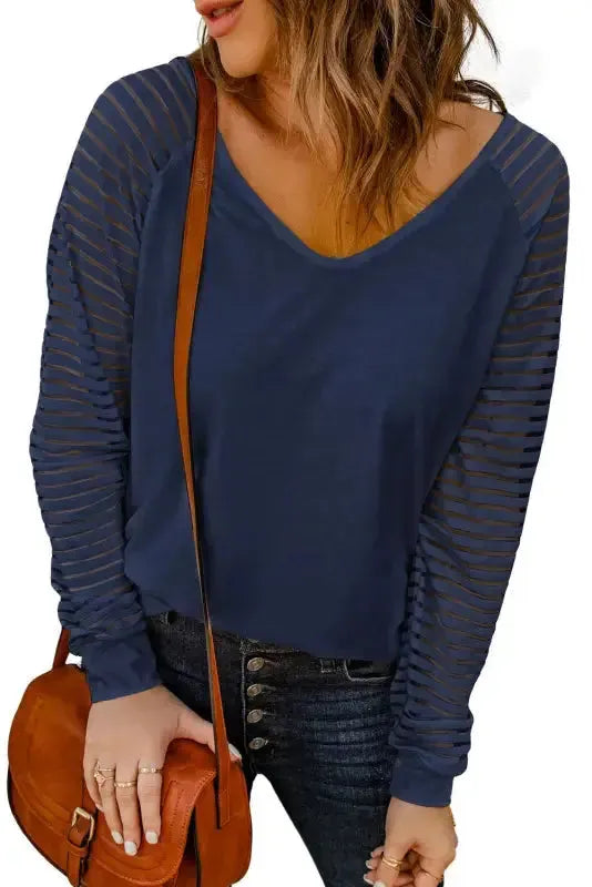 Blue Sheer Stripe V-Neck Top - Fashionfitz