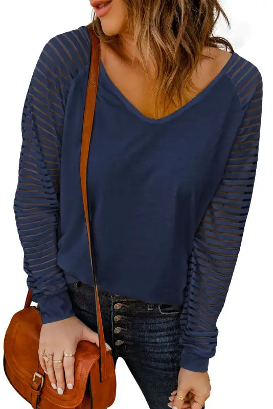 Blue sheer stripe v-neck top - tops