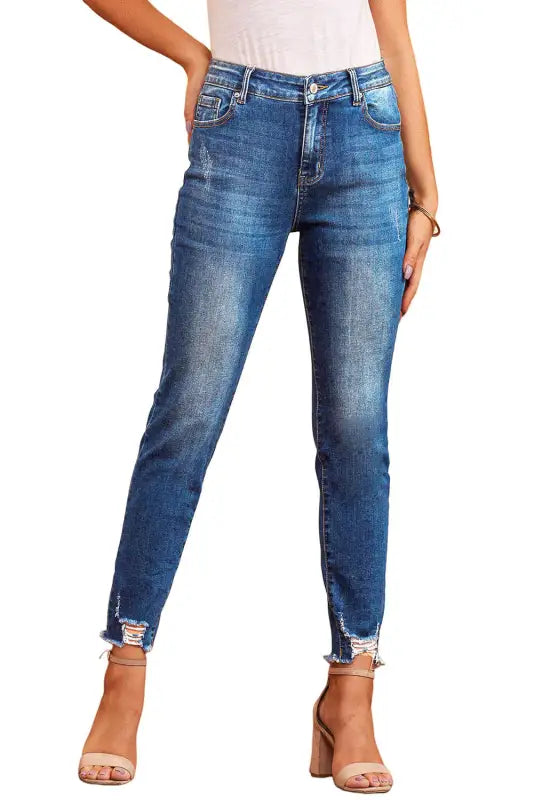 Blue raw hem ankle-length skinny jeans