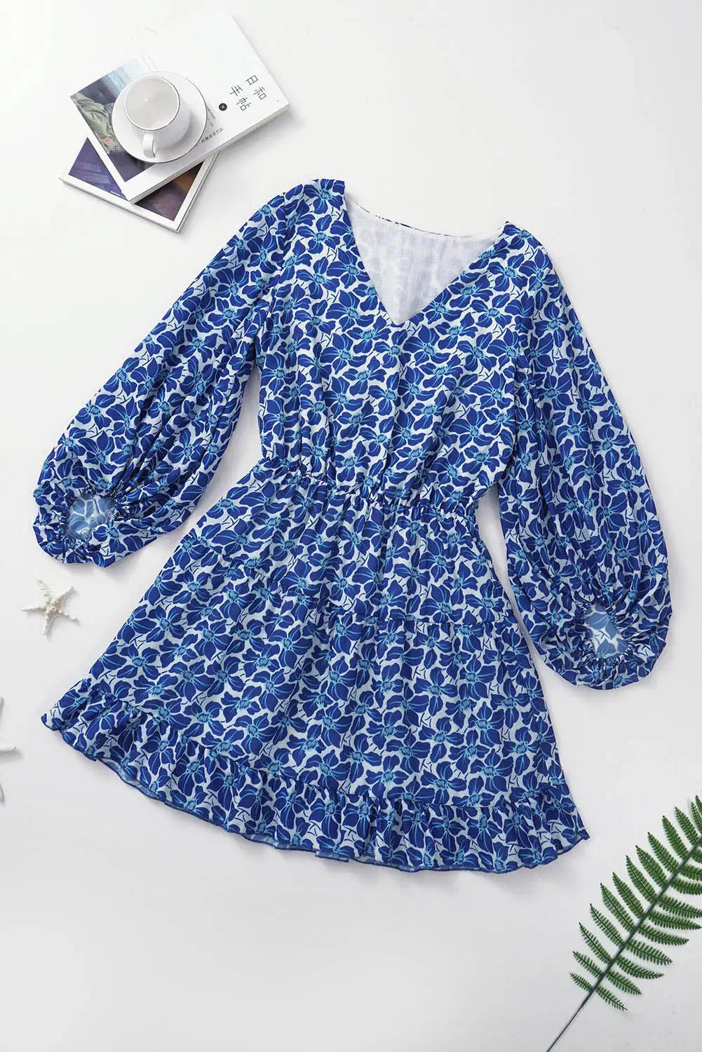 Blue sky blue/blue/apricot v neck lantern sleeves floral tunic dress - dresses