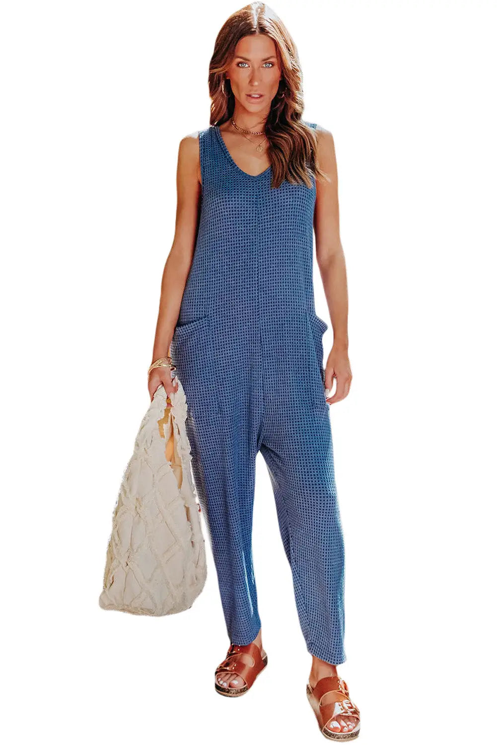 Blue slouchy sleeveless waffle knit jumpsuit - jumpsuits & rompers