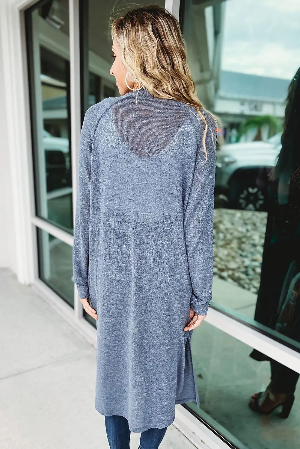 Blue slub knit pocketed open front maxi cardigan - sweaters & cardigans
