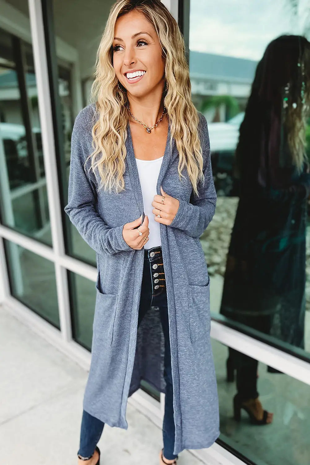 Blue slub knit pocketed open front maxi cardigan - sweaters & cardigans