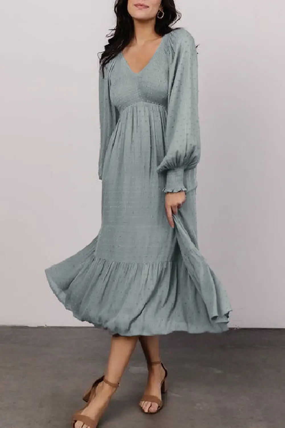Blue smocked v neck swiss dot ruffle long sleeve dress - s / 100% viscose - midi dresses
