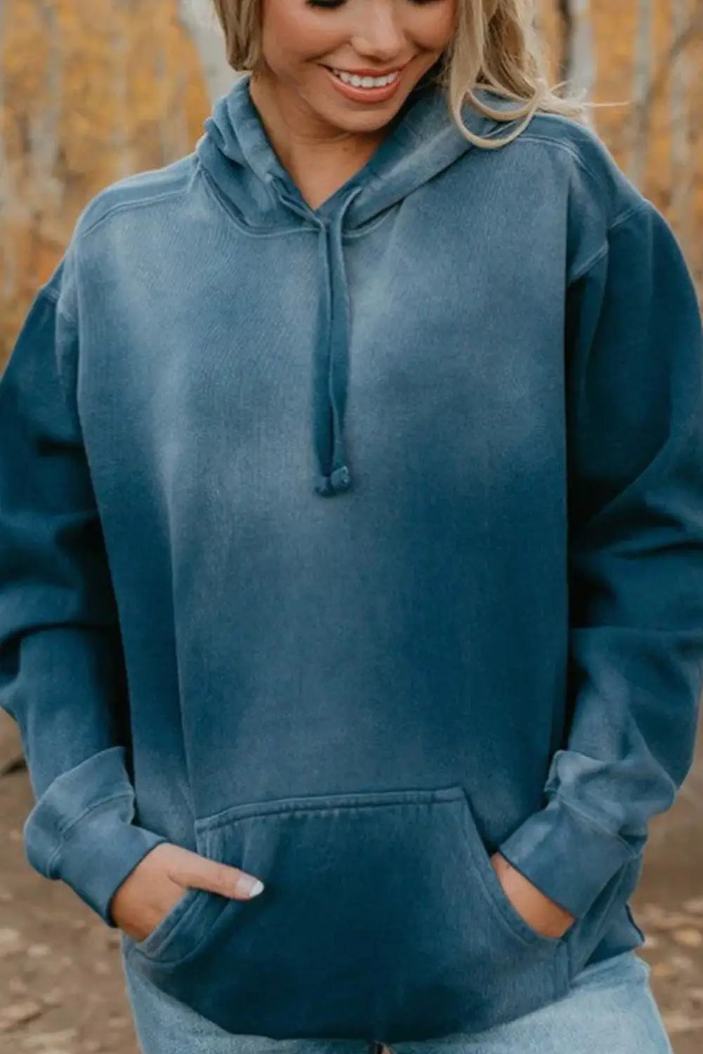 Blue solid kangaroo pocket drawstring hoodie - l /