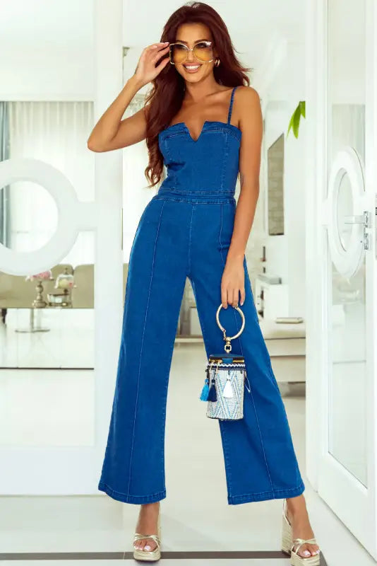 Blue spaghetti straps notch v denim jumpsuit - s / 71% cotton + 27.5% polyester + 1.5% elastane - jumpsuits & rompers