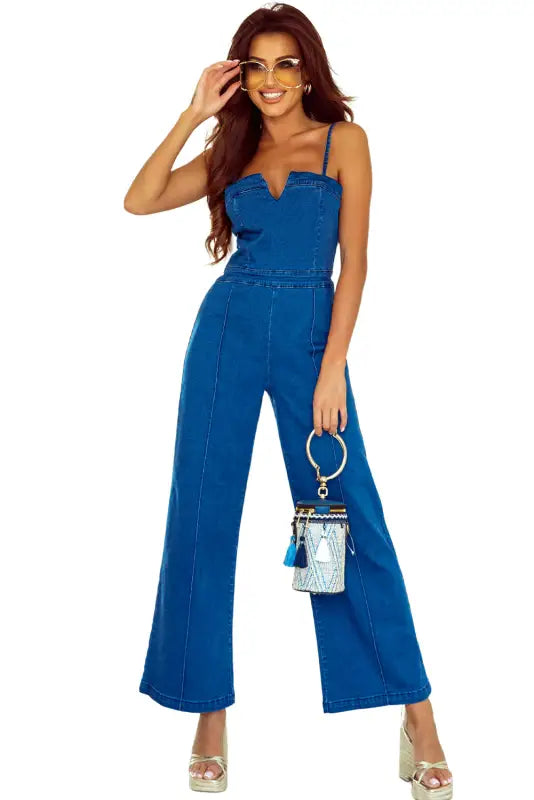 Blue spaghetti straps notch v denim jumpsuit - jumpsuits & rompers