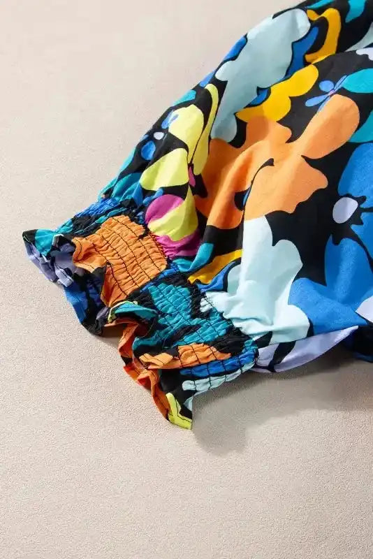 Blue Split Neck Collared Plus Floral Dress - Fashionfitz