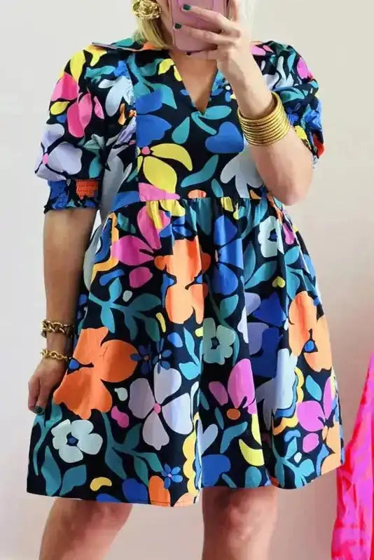 Blue Split Neck Collared Plus Floral Dress - Fashionfitz