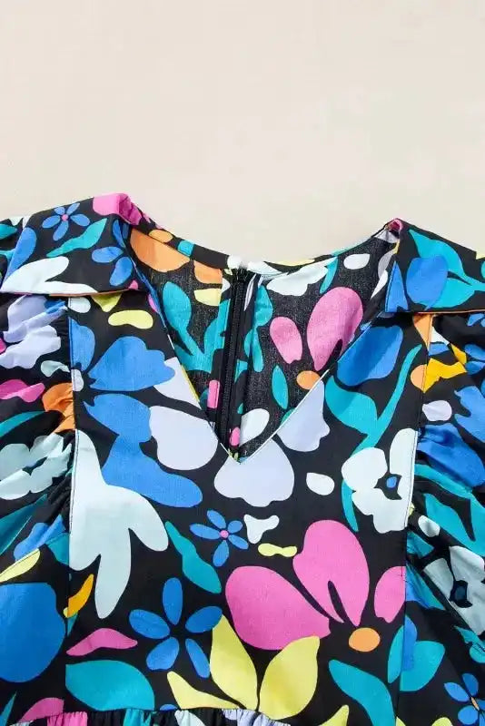 Blue Split Neck Collared Plus Floral Dress - Fashionfitz