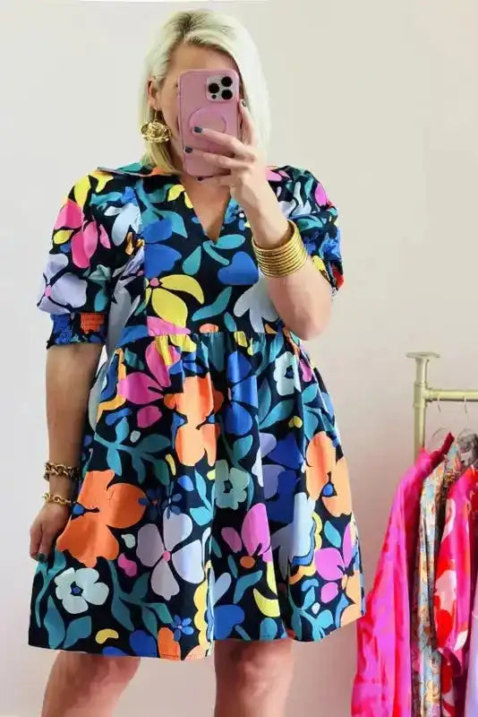 Blue Split Neck Collared Plus Floral Dress - Fashionfitz