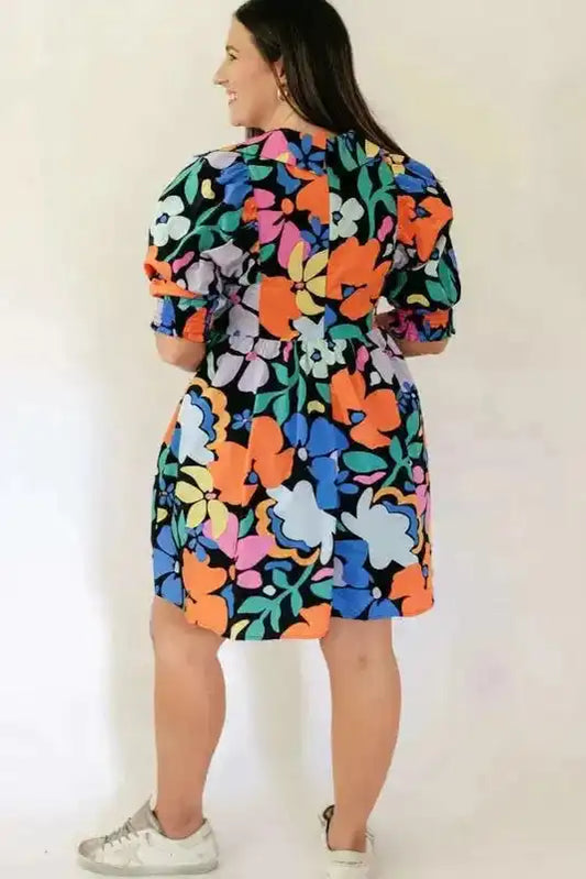 Blue Split Neck Collared Plus Floral Dress - Fashionfitz