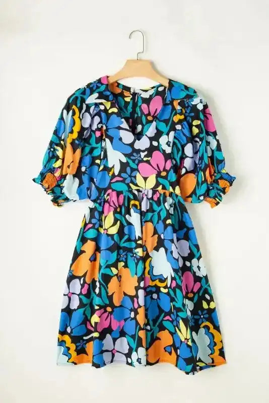 Blue Split Neck Collared Plus Floral Dress - Fashionfitz