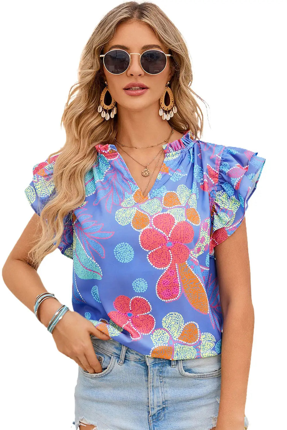 Blue split v neck flutter floral top - t-shirts
