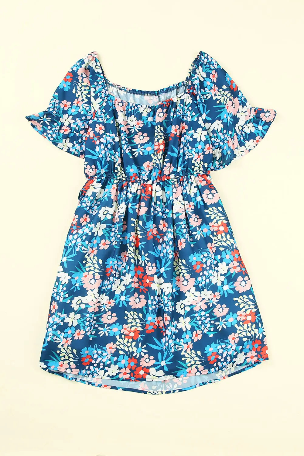 Blue square neck ruffle floral dress - dresses