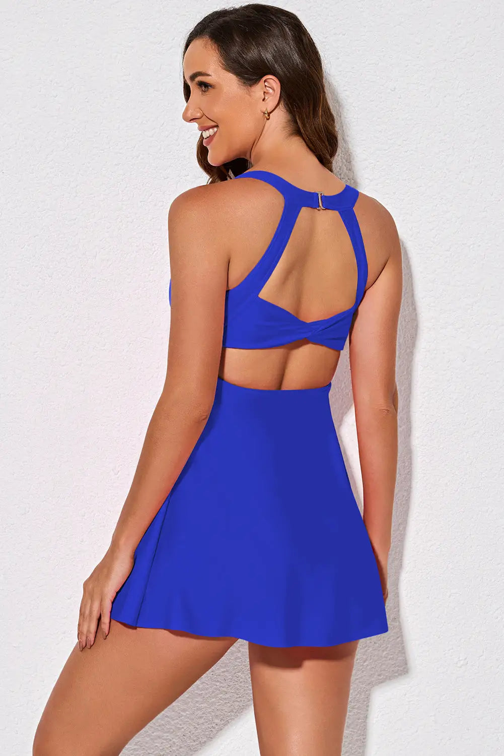 Blue strappy halterneck skirt style one piece swimsuit - swimsuits